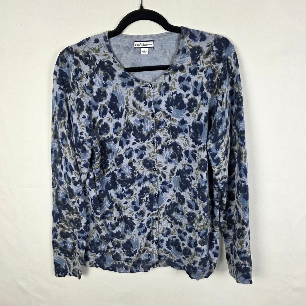 Croft & Barrow Blue Floral Pima Cotton Button Front Cardigan Sweater Large
